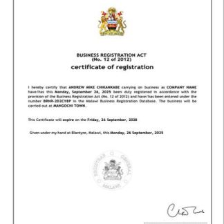 Malawi certificate of registration Word and PDF template download template file