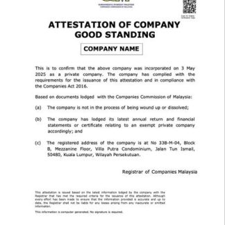 Malaysia attestation of company good standing Word and PDF template download template file