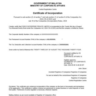 Malaysia business registration certificate Word and PDF template download template file