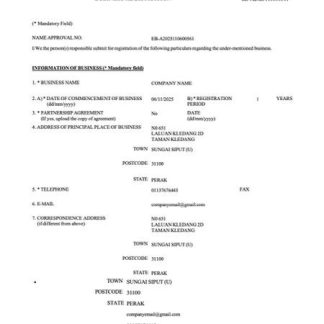 Malaysia business registration certificate Word and PDF template, version 2 download template file