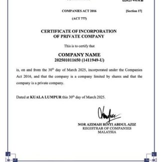 Malaysia certificate of incorporation of private company Word and PDF template  download template file