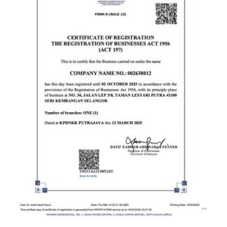 Malaysia certificate of registration Word and PDF template download template file