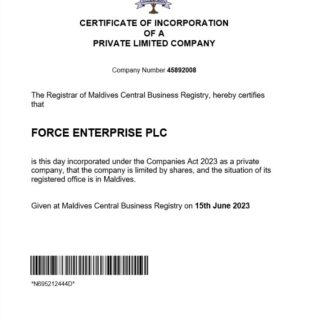 Maldives  business registration certificate Word and PDF template download template file