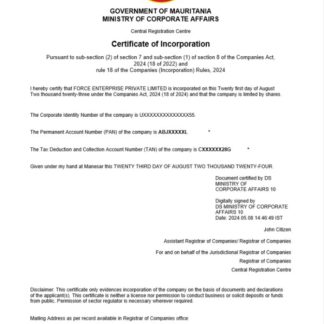 Mauritania business registration certificate Word and PDF template download template file
