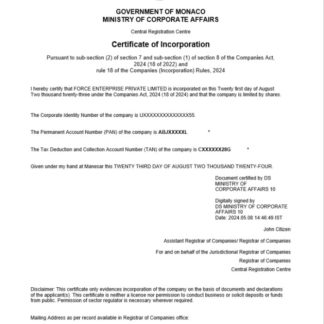 Monaco  business registration certificate Word and PDF template download template file