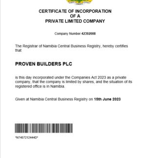 Namibia company registration certificate Word and PDF template download template file