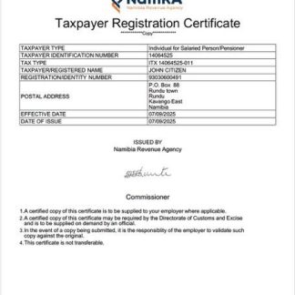 Namibia?taxpayer registration certificate Word and PDF template download template file