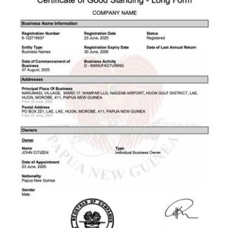 New Guinea certificate of good standing  Word and PDF template, version 2 download template file