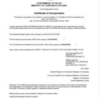 Palau business registration certificate Word and PDF template download template file