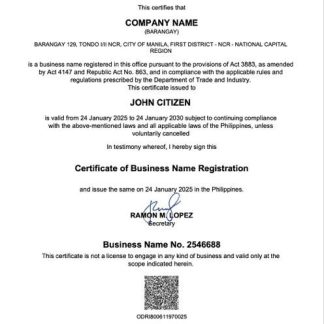 Philippines Barangay certificate of business name registration Word and PDF template download template file