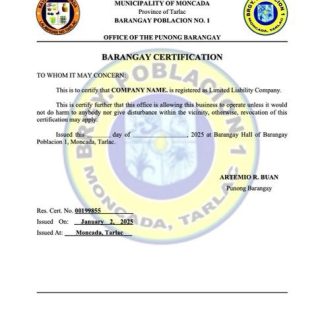 Philippines Barangay certification of registration Word and PDF template download template file