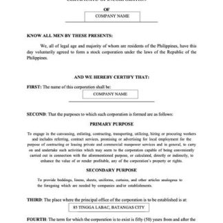 Philippines Batangas certificate of incorporation Word and PDF template download template file