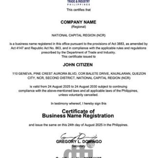 Philippines certificate of business name registration Word and PDF version 2 download template file
