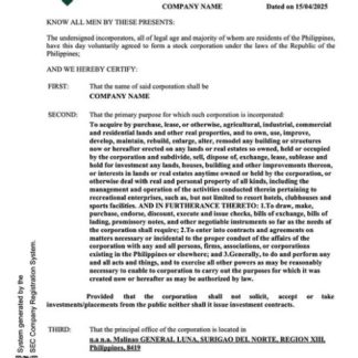 Philippines certificate of company incorporation Word and PDF template download template file