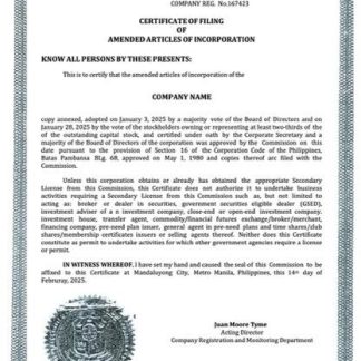 Philippines certificate of company incorporation Word and PDF template, version 2 download template file
