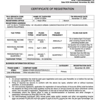 Philippines certificate of registration Word and PDF template, version 3 download template file