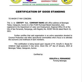 Philippines certification of good standing Word and PDF template, version 4 download template file
