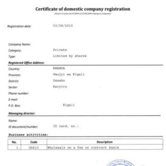 Rwanda Certificate of domestic company registration download template file