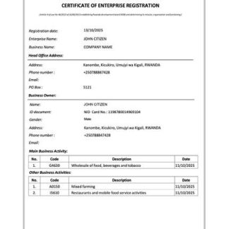Rwanda certificate of enterprise registration Word and PDF template download template file