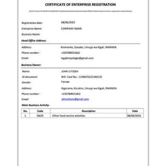 Rwanda certificate of enterprise registration Word and PDF template, version 2 download template file