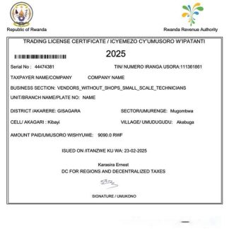 Rwanda trading license certificate Word and PDF template download template file