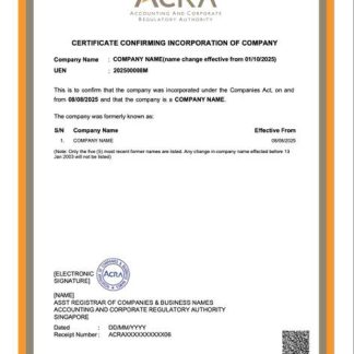 Singapore certificate confirming incorporation of company Word and PDF template download template file