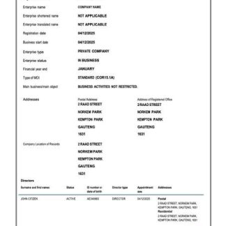South Africa certificate of company registration Word and PDF template  download template file