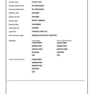 South Africa certificate of company registration Word and PDF template, version 2 download template file