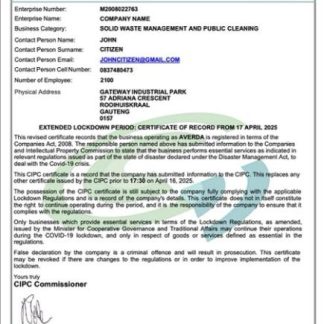 South Africa certificate of company registration Word and PDF template, version 3 download template file