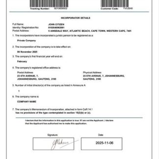 South Africa certificate of incorporation Word and PDF template download template file