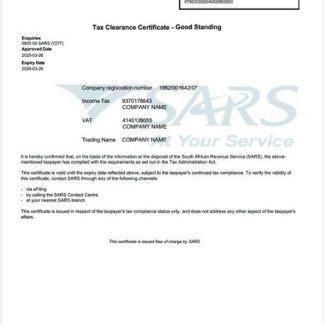 South Africa tax clearance certificate Word and PDF template download template file