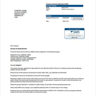 South Africa value added tax certificate Word and PDF template download template file