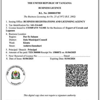 Tanzania business licence Word and PDF template download template file
