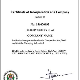 Tanzia certificate of company incorporation Word and PDF template download template file