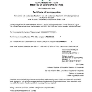 Togo business registration certificate Word and PDF template download template file