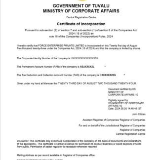 Tuvalu business registration certificate Word and PDF template download template file