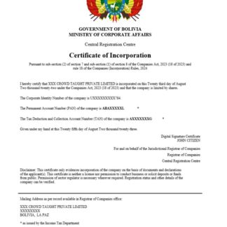 Bolivia certificate of registration Word and PDF template download template file