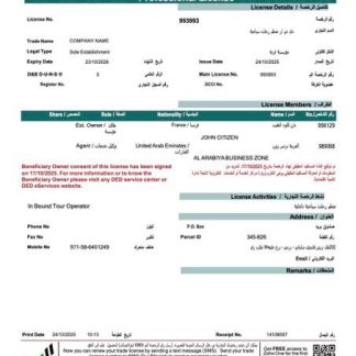UAE Dubai professional license of company Word and PDF template, version 2 download template file