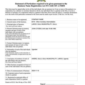 Uganda business name registration certificate Word and PDF template, version 2 download template file