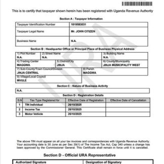Uganda certificate of taxpayer registration Word and PDF template download template file