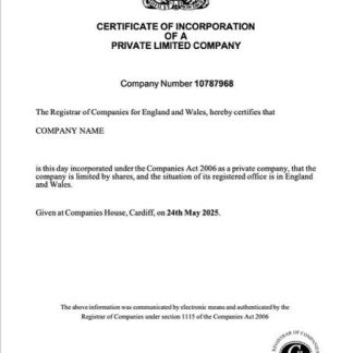 UK certificate of incorporation of a private limited company Word and PDF template download template file