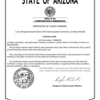USA Arizona certificate of good standing Word and PDF template, version 2 download template file