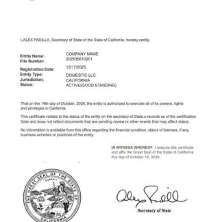 USA California certificate of good standing Word and PDF template, version 2 download template file