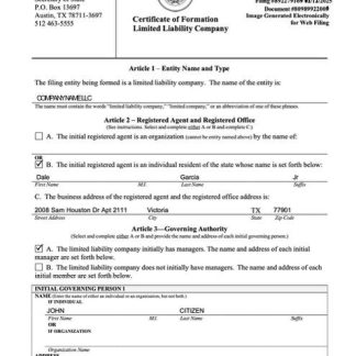 USA certificate of formation limited liability company Word and PDF template download template file