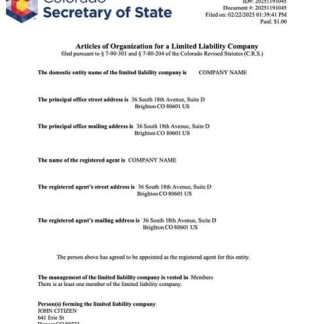 USA Colorado articles of organization Word and PDF template, version 2 download template file