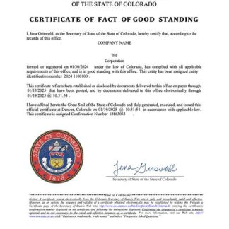 USA Colorado certificate of fact of good standing Word and PDF template download template file