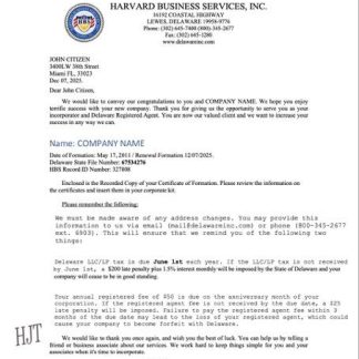 USA Delaware registration certificate Word and PDF template, version 2 download template file