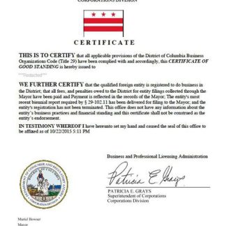 USA District of Columbia certificate of good standing download template file