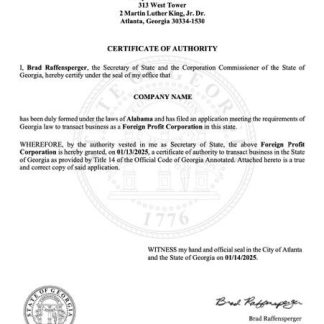 USA Georgia certificate of authority Word and PDF template download template file