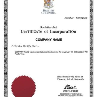 British Columbia certificate of incorporation Word and PDF template download template file